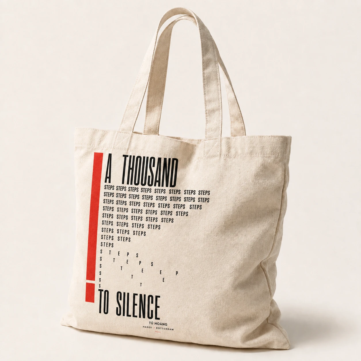 Canvas tote concept with original typographic artwork inspired by A Thousand Steps to Silence